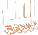 Illustration of small shoes lined up by a door